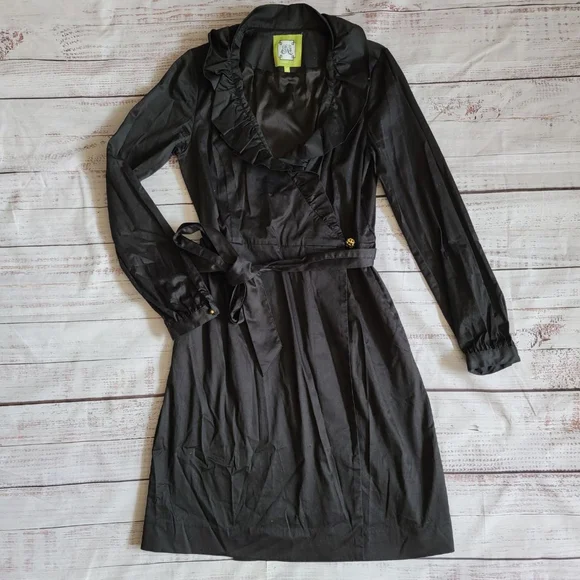 Elizabeth Mckay Scotland Wrap Dress Black Belted Ruffle Neckline Knee Length 6 - Picture 1 of 7